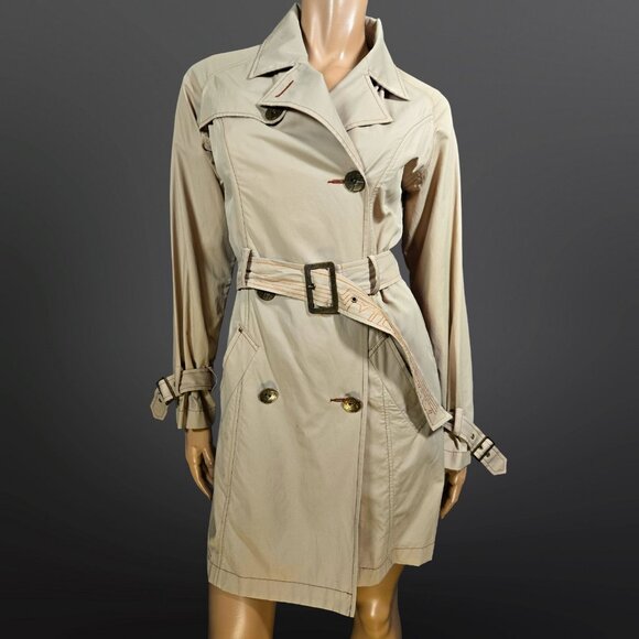 Y2K Miss Sixty Beige Trench Coat Size M Belted mid Length Jacket Double Breasted - Picture 1 of 12